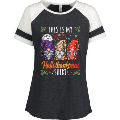 Halloween Thanksgiving Christmas Funny Hallothanksmas Gnomes Enza Ladies Jersey Colorblock Tee