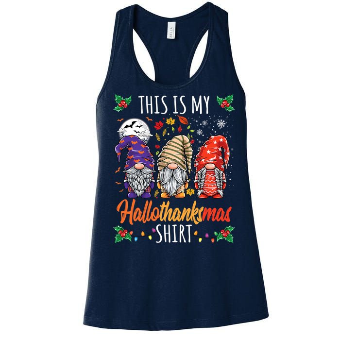 Halloween Thanksgiving Christmas Funny Hallothanksmas Gnomes Women's Racerback Tank