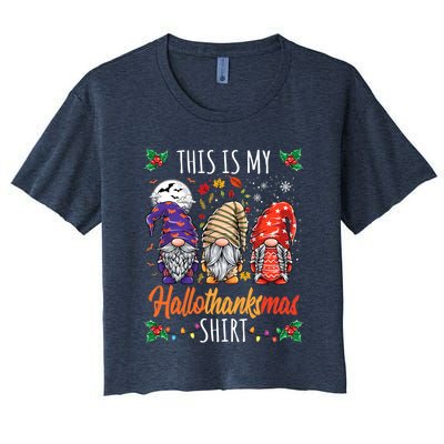 Halloween Thanksgiving Christmas Funny Hallothanksmas Gnomes Women's Crop Top Tee