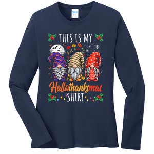 Halloween Thanksgiving Christmas Funny Hallothanksmas Gnomes Ladies Long Sleeve Shirt