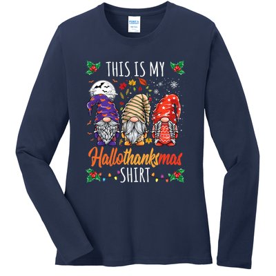 Halloween Thanksgiving Christmas Funny Hallothanksmas Gnomes Ladies Long Sleeve Shirt