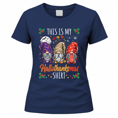 Halloween Thanksgiving Christmas Funny Hallothanksmas Gnomes Women's T-Shirt