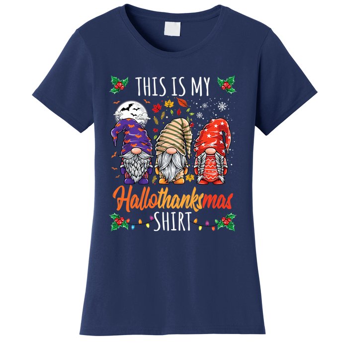 Halloween Thanksgiving Christmas Funny Hallothanksmas Gnomes Women's T-Shirt