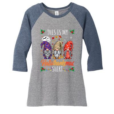 Halloween Thanksgiving Christmas Funny Hallothanksmas Gnomes Women's Tri-Blend 3/4-Sleeve Raglan Shirt