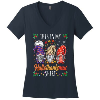 Halloween Thanksgiving Christmas Funny Hallothanksmas Gnomes Women's V-Neck T-Shirt