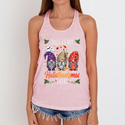 Halloween Thanksgiving Christmas Funny Hallothanksmas Gnomes Women's Knotted Racerback Tank