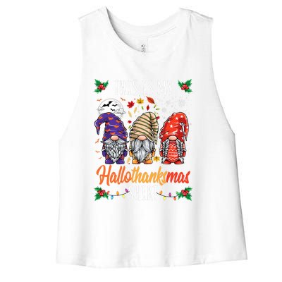 Halloween Thanksgiving Christmas Funny Hallothanksmas Gnomes Women's Racerback Cropped Tank