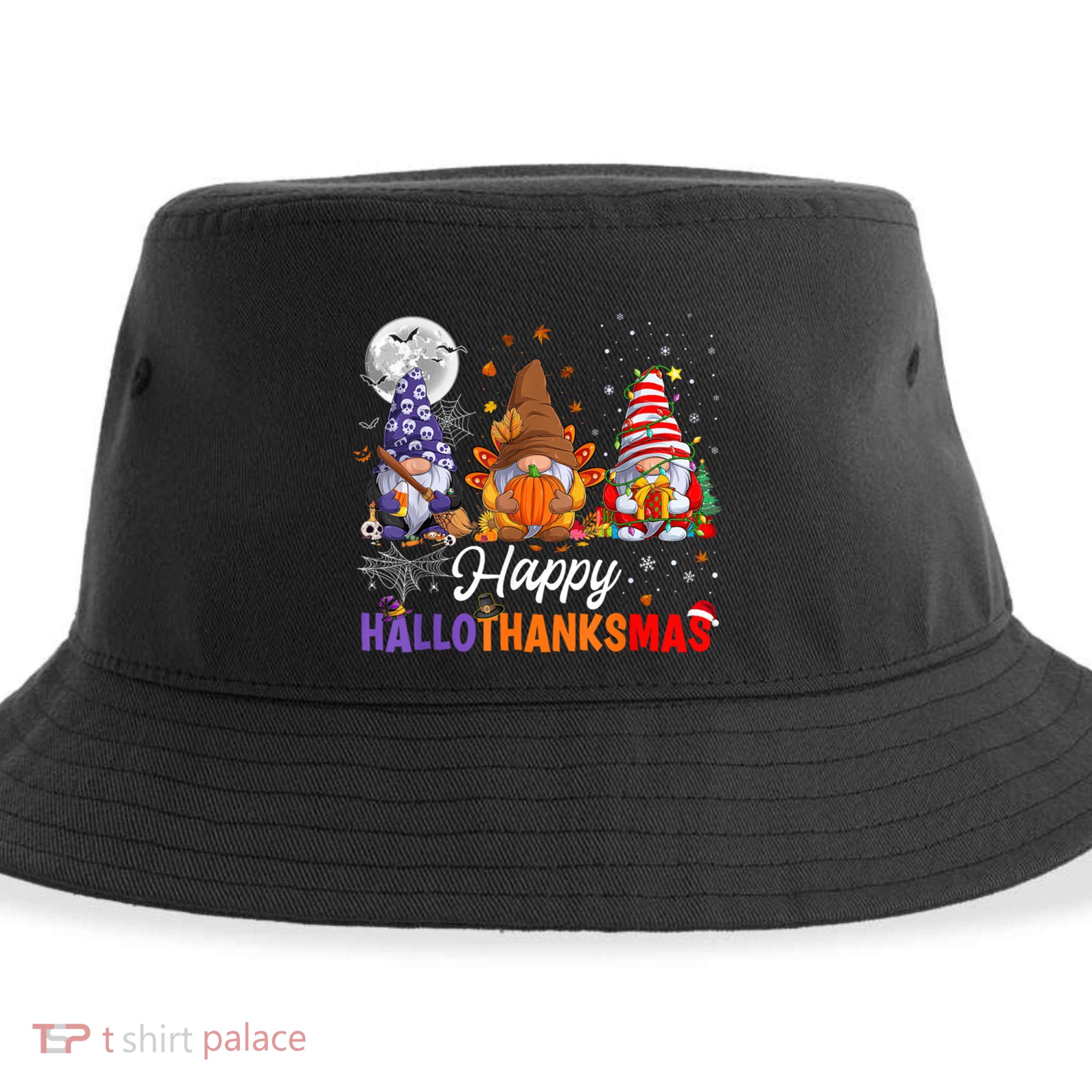 Halloween Thanksgiving Christmas Happy HalloThanksMas Gnomes Sustainable Bucket Hat