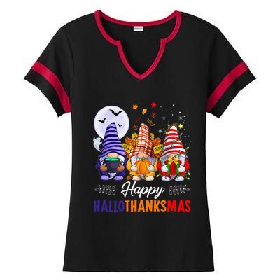 Halloween Thanksgiving Christmas Happy HalloThanksMas Gnomes Ladies Halftime Notch Neck Tee