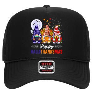 Halloween Thanksgiving Christmas Happy HalloThanksMas Gnomes High Crown Mesh Back Trucker Hat