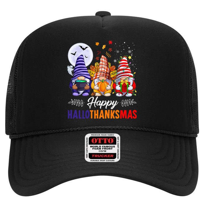 Halloween Thanksgiving Christmas Happy HalloThanksMas Gnomes High Crown Mesh Back Trucker Hat