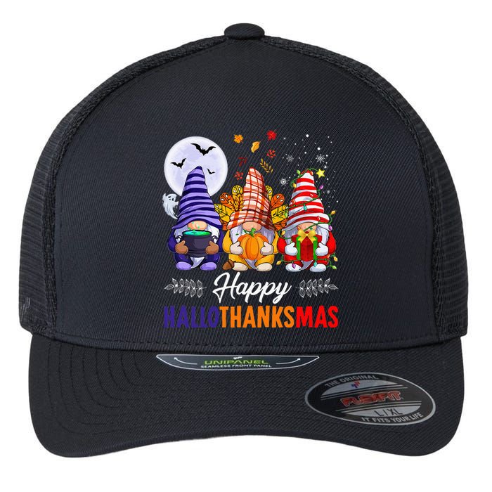 Halloween Thanksgiving Christmas Happy HalloThanksMas Gnomes Flexfit Unipanel Trucker Cap