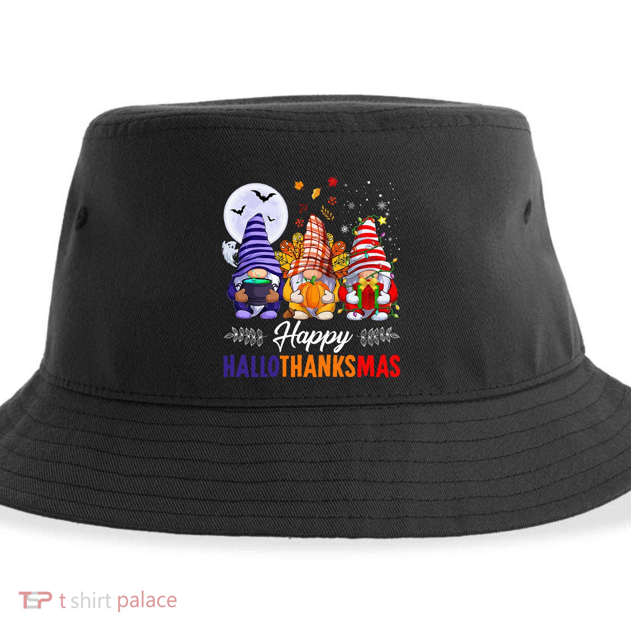 Halloween Thanksgiving Christmas Happy HalloThanksMas Gnomes Sustainable Bucket Hat