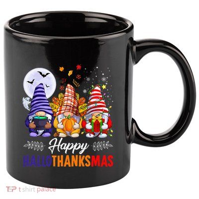 Halloween Thanksgiving Christmas Happy HalloThanksMas Gnomes 11oz C Handle Ceramic Mug