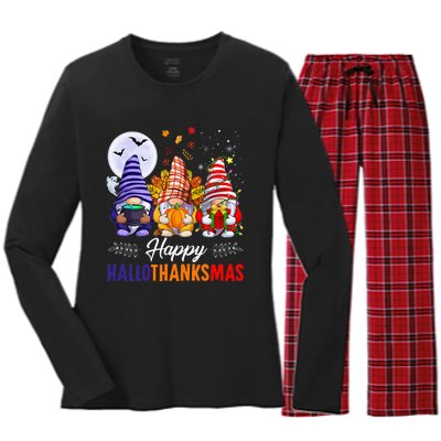 Halloween Thanksgiving Christmas Happy HalloThanksMas Gnomes Women's Long Sleeve Flannel Pajama Set 