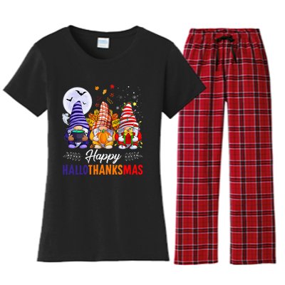 Halloween Thanksgiving Christmas Happy HalloThanksMas Gnomes Women's Flannel Pajama Set