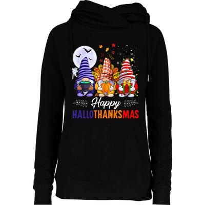 Halloween Thanksgiving Christmas Happy HalloThanksMas Gnomes Womens Funnel Neck Pullover Hood