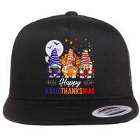 Halloween Thanksgiving Christmas Happy HalloThanksMas Gnomes Flat Bill Trucker Hat