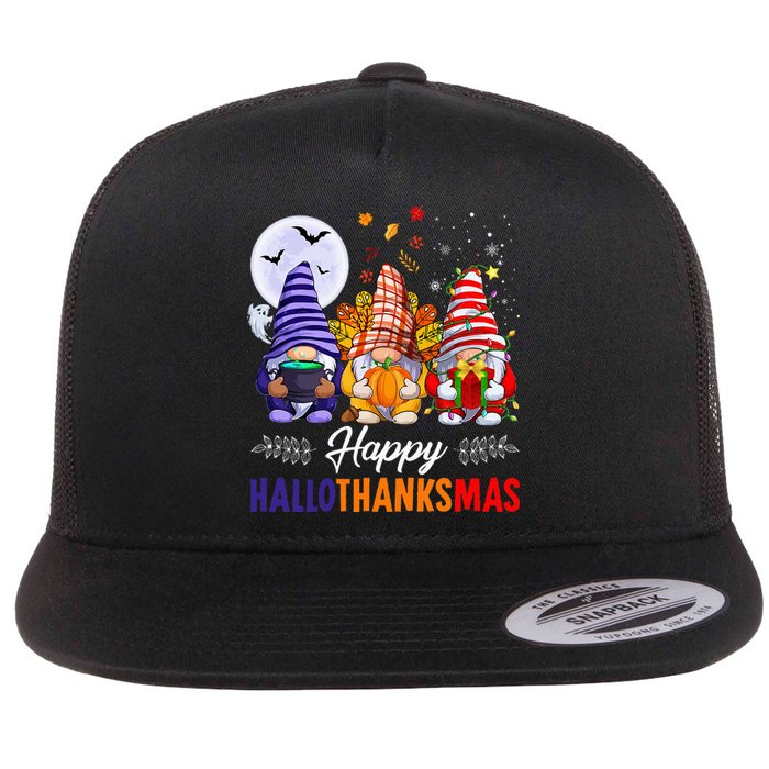 Halloween Thanksgiving Christmas Happy HalloThanksMas Gnomes Flat Bill Trucker Hat