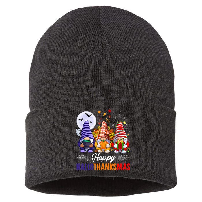 Halloween Thanksgiving Christmas Happy HalloThanksMas Gnomes Sustainable Knit Beanie