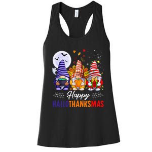 Halloween Thanksgiving Christmas Happy HalloThanksMas Gnomes Women's Racerback Tank