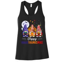 Halloween Thanksgiving Christmas Happy HalloThanksMas Gnomes Women's Racerback Tank