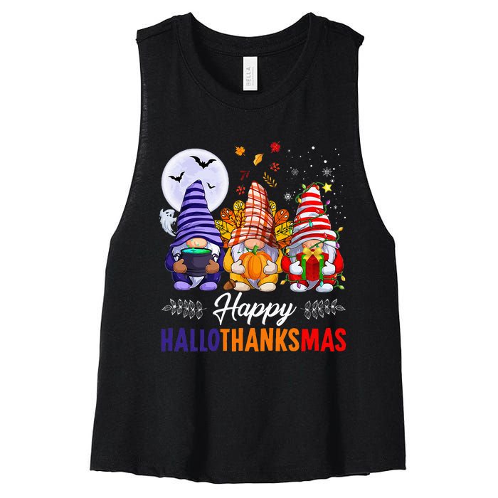 Halloween Thanksgiving Christmas Happy HalloThanksMas Gnomes Women's Racerback Cropped Tank