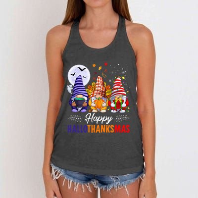 Halloween Thanksgiving Christmas Happy HalloThanksMas Gnomes Women's Knotted Racerback Tank