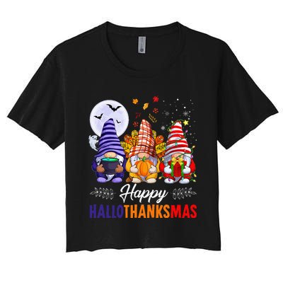 Halloween Thanksgiving Christmas Happy HalloThanksMas Gnomes Women's Crop Top Tee