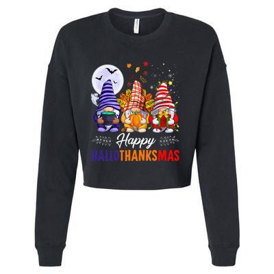 Halloween Thanksgiving Christmas Happy HalloThanksMas Gnomes Cropped Pullover Crew