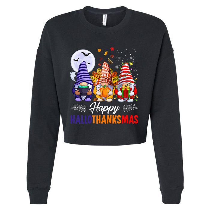 Halloween Thanksgiving Christmas Happy HalloThanksMas Gnomes Cropped Pullover Crew