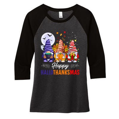 Halloween Thanksgiving Christmas Happy HalloThanksMas Gnomes Women's Tri-Blend 3/4-Sleeve Raglan Shirt