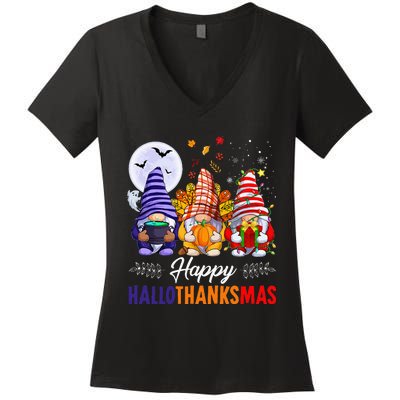 Halloween Thanksgiving Christmas Happy HalloThanksMas Gnomes Women's V-Neck T-Shirt