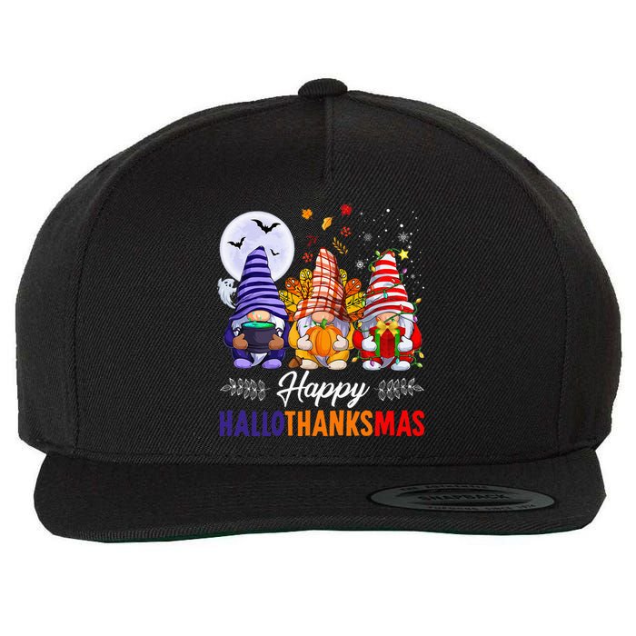 Halloween Thanksgiving Christmas Happy HalloThanksMas Gnomes Wool Snapback Cap