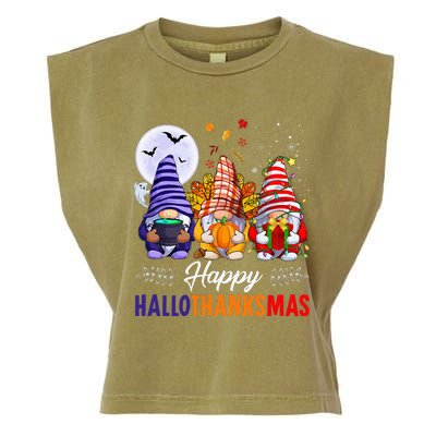 Halloween Thanksgiving Christmas Happy HalloThanksMas Gnomes Garment-Dyed Women's Muscle Tee