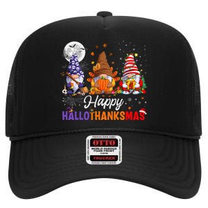 Halloween Thanksgiving Christmas Happy HalloThanksMas Gnomes High Crown Mesh Back Trucker Hat