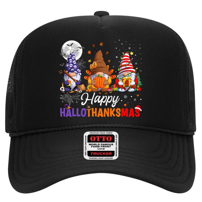 Halloween Thanksgiving Christmas Happy HalloThanksMas Gnomes High Crown Mesh Back Trucker Hat