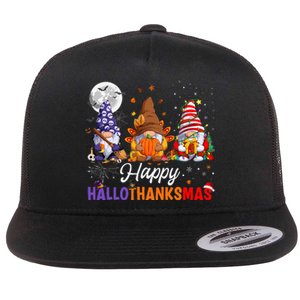 Halloween Thanksgiving Christmas Happy HalloThanksMas Gnomes Flat Bill Trucker Hat