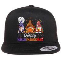 Halloween Thanksgiving Christmas Happy HalloThanksMas Gnomes Flat Bill Trucker Hat