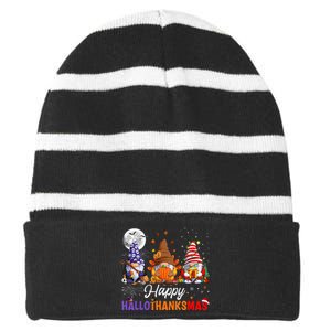 Halloween Thanksgiving Christmas Happy HalloThanksMas Gnomes Striped Beanie with Solid Band