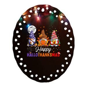 Halloween Thanksgiving Christmas Happy HalloThanksMas Gnomes Ceramic Oval Ornament