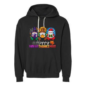 Halloween Thanksgiving Christmas Happy Hallothanksmas Gnomes Garment-Dyed Fleece Hoodie