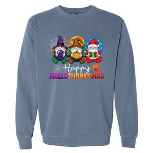 Halloween Thanksgiving Christmas Happy Hallothanksmas Gnomes Garment-Dyed Sweatshirt