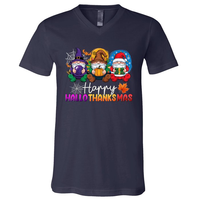 Halloween Thanksgiving Christmas Happy Hallothanksmas Gnomes V-Neck T-Shirt