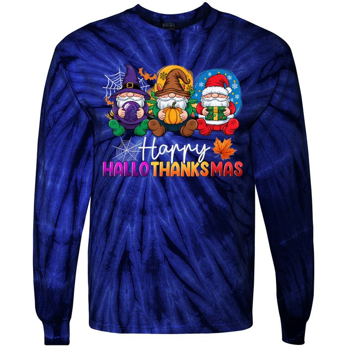 Halloween Thanksgiving Christmas Happy Hallothanksmas Gnomes Tie-Dye Long Sleeve Shirt