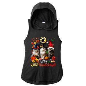 Halloween Thanksgiving Christmas Happy Hallothanksmas Cats Ladies PosiCharge Tri-Blend Wicking Draft Hoodie Tank