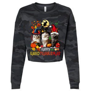 Halloween Thanksgiving Christmas Happy Hallothanksmas Cats Cropped Pullover Crew