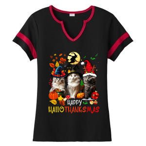 Halloween Thanksgiving Christmas Happy Hallothanksmas Cats Ladies Halftime Notch Neck Tee