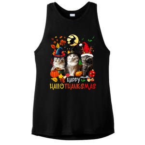 Halloween Thanksgiving Christmas Happy Hallothanksmas Cats Ladies PosiCharge Tri-Blend Wicking Tank