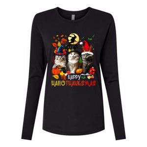 Halloween Thanksgiving Christmas Happy Hallothanksmas Cats Womens Cotton Relaxed Long Sleeve T-Shirt